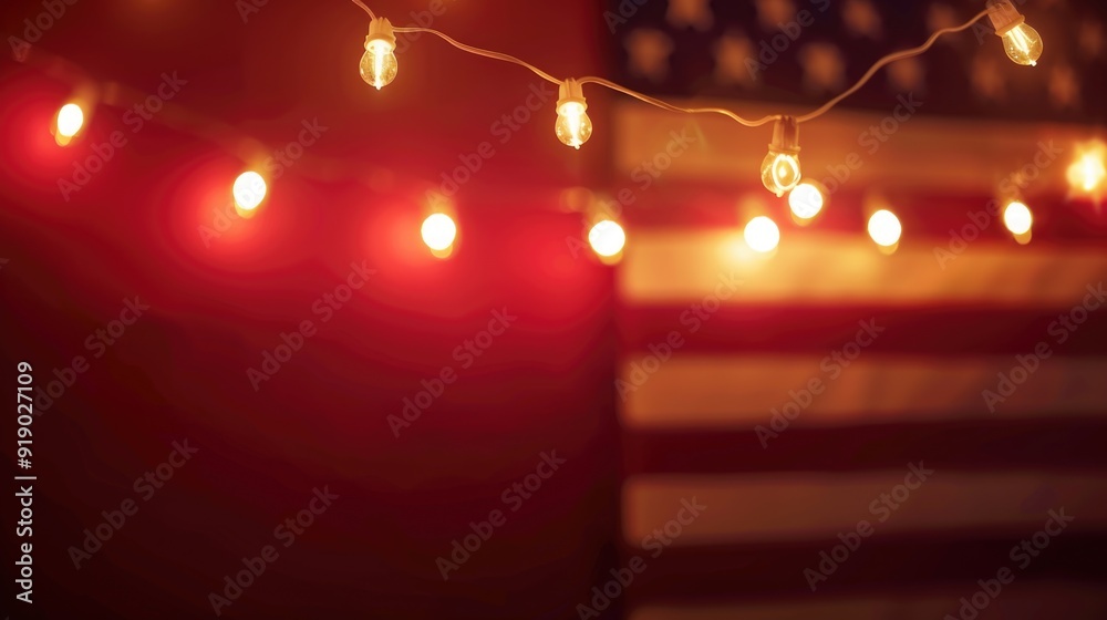 Obraz premium A festive display of Christmas lights in front of an American flag, perfect for patriotic holiday celebrations