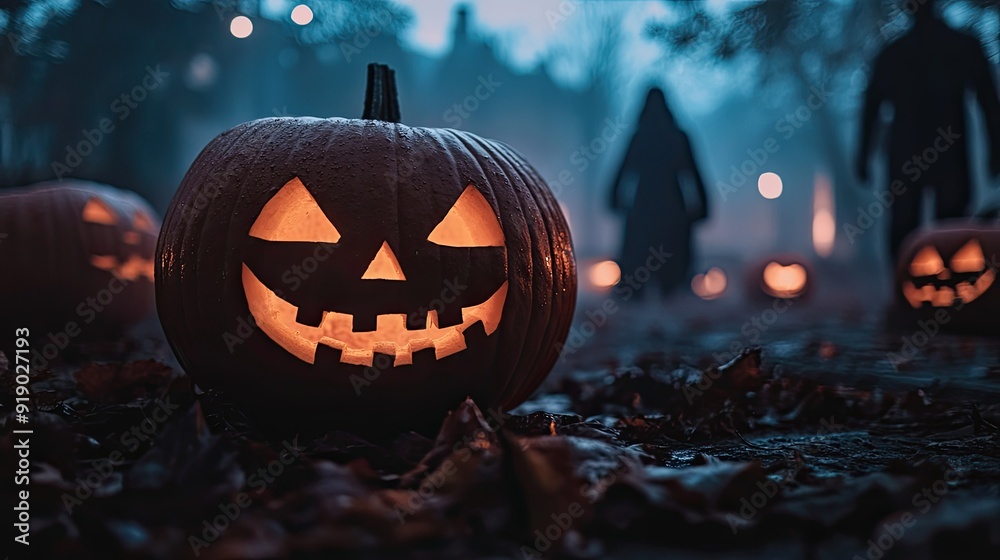 Obraz premium A Halloween night filled with the eerie eyes of Jack O' Lanterns, with ghostly figures and a sinister atmosphere in the background.
