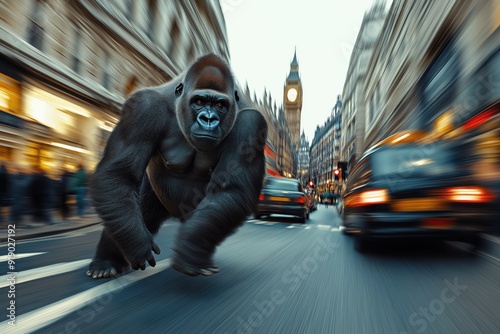 A photo of a gorilla exploring the city in London. Demonstrating concepts including urban wildlife, habitat loss, urbanisation, adaptation, nature versus civilisation, wildness versus modernity. photo