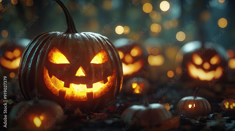 A haunting Halloween scene with Jack O' Lanterns' eyes glowing ominously, set against a dark, spooky background.