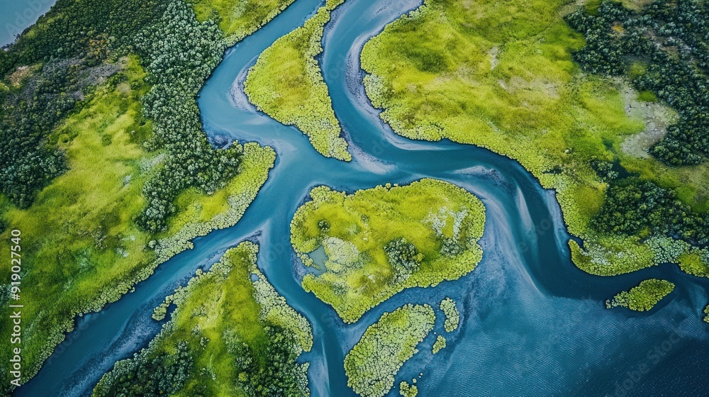 Aerial View of a River Winding Through Lush Green Meadows Aerial View of a River Winding Through Lush Green Meadows