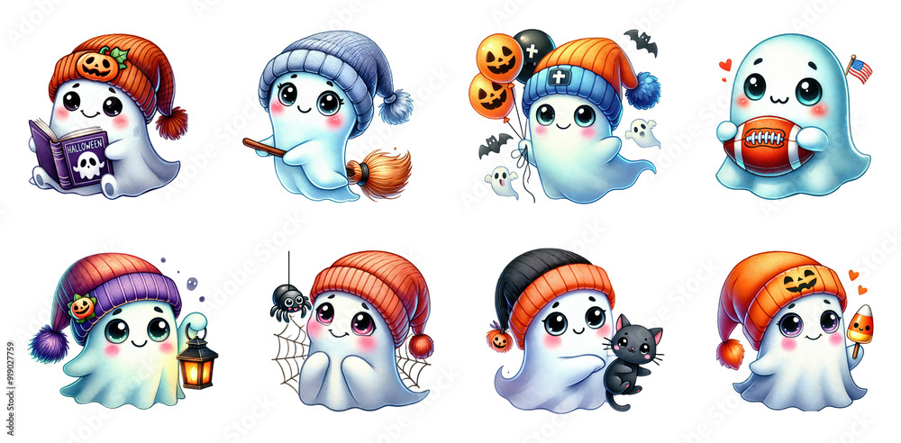 Cute Halloween ghosts with various elements, isolated on transparent background Cute Halloween ghosts with various elements, isolated on transparent background