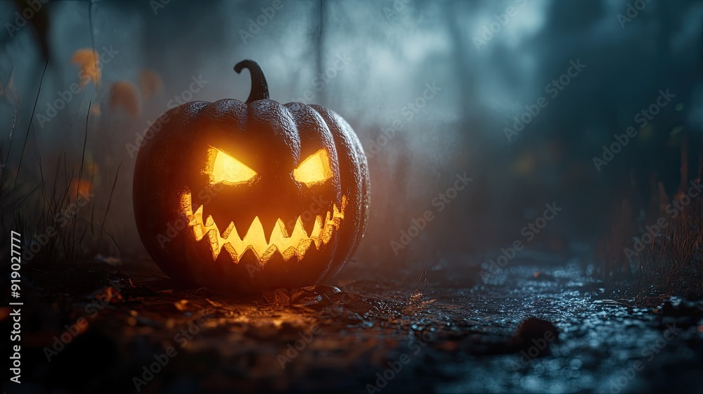 Naklejka premium A sinister Halloween pumpkin with a creepy, jagged grin, illuminated from within on a dark, foggy night.