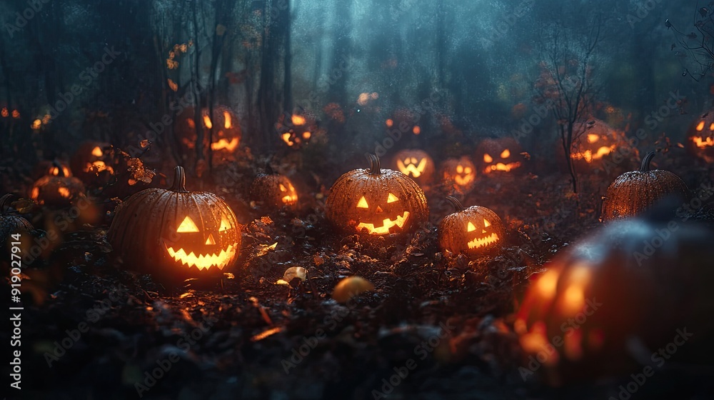 A spooky scene of Halloween pumpkins scattered throughout a dark, misty forest, illuminated by their eerie glow.