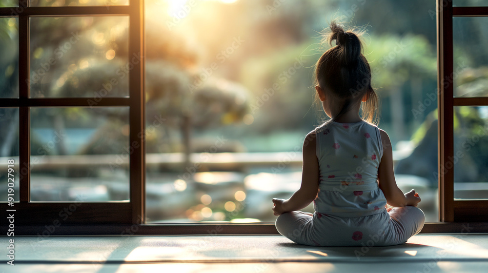 A little girl is meditating while sitting in the room at home indoor with garden view, Calm morning mist meditation scene. wellness soul concept A little girl is meditating while sitting in the room at home indoor with garden view, Calm morning mist meditation scene. wellness soul concept