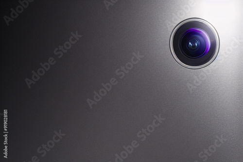 Modern Camera Lens Close-Up on Sleek Metallic Surface - High-Tech Product Background for Photography and Electronics Branding