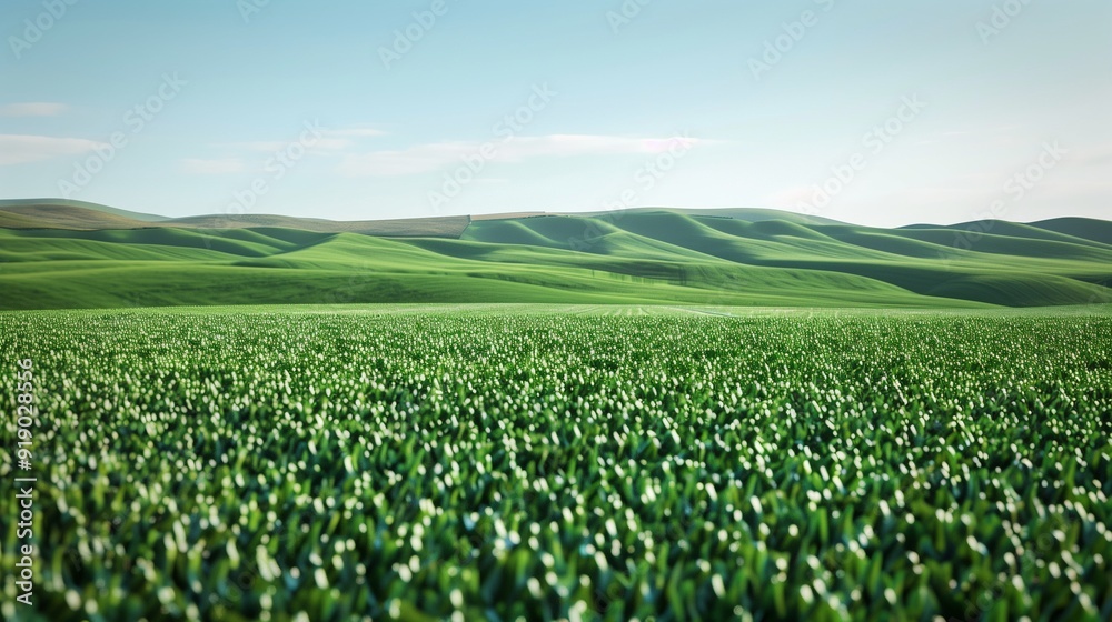 A vast expanse of lush green fields stretching to the horizon under a clear blue sky, with gently rolling hills in the background. A vast expanse of lush green fields stretching to the horizon under a clear blue sky, with gently rolling hills in the background.
