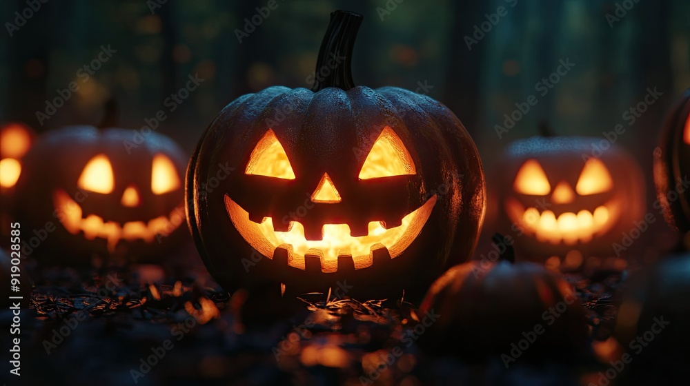 The glowing eyes of Jack O' Lanterns pierce through the darkness, setting the stage for a spooky, horror-filled Halloween night. The glowing eyes of Jack O' Lanterns pierce through the darkness, setting the stage for a spooky, horror-filled Halloween night.