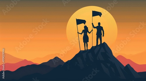 A silhouette of a businessman and a Black woman planting a flag on a mountain peak, vector image with no background.  photo