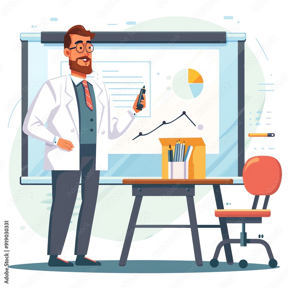 Male Presenter Giving a Presentation With Charts and Graphs on a Whiteboard in an Office Setting Male Presenter Giving a Presentation With Charts and Graphs on a Whiteboard in an Office Setting
