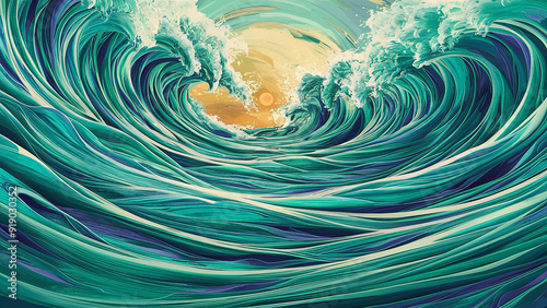 Stunning illustration of a vibrant, swirling ocean, painted with thick layers of fluid acrylic paint photo