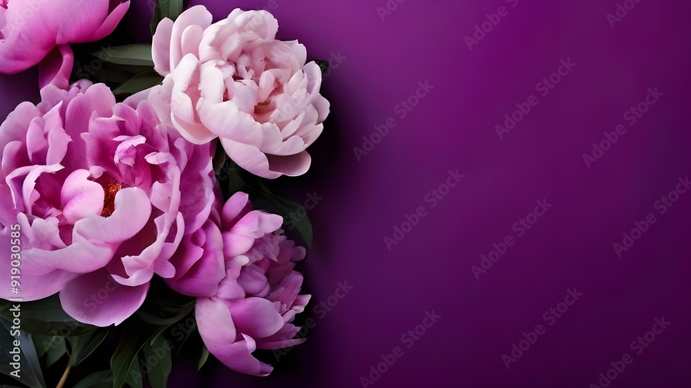 Fototapeta premium Peonies, roses on purple background with copy space. Abstract natural floral frame layout with text space. Romantic feminine composition. Wedding invitation. AI generative