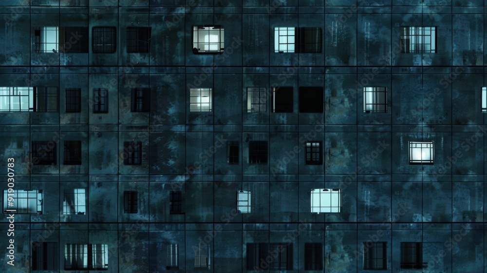 High-rise building in the city, with rows of large concrete panels, with office window lights in the middle, texture, science fiction, cyberpunk. High-rise building in the city, with rows of large concrete panels, with office window lights in the middle, texture, science fiction, cyberpunk.