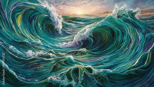 Stunning illustration of a vibrant, swirling ocean, painted with thick layers of fluid acrylic paint photo