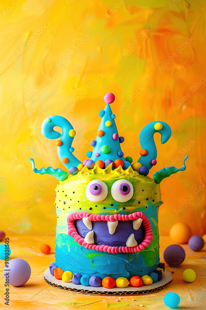 Fototapeta premium Colorful background with monster Birthday cake, balloons and copy space. Festive backdrop with empty space for text. Greeting card for children. Playful, vibrant design. Event for kids.