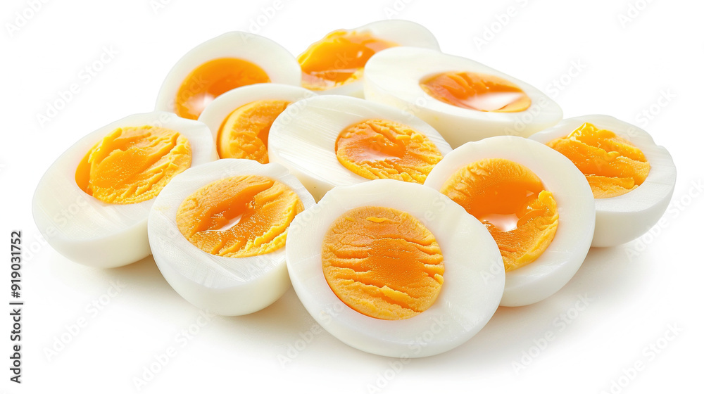 close-up of sliced boiled eggs on a white background close-up of sliced boiled eggs on a white background