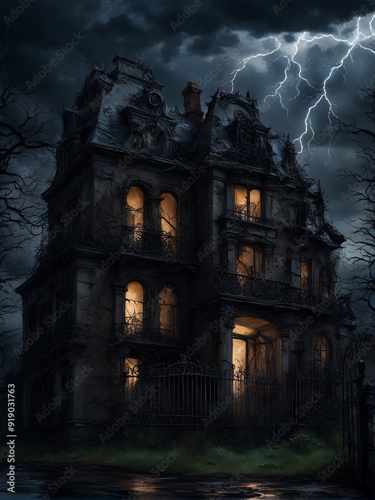 A very scary looking old mansion, a scary sight in the dark of night with lightning. A very scary looking old mansion, a scary sight in the dark of night with lightning.