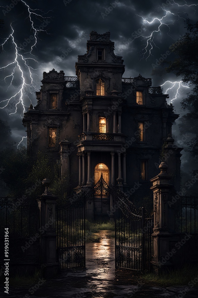 Obraz premium A very scary looking old mansion, a scary sight in the dark of night with lightning. 