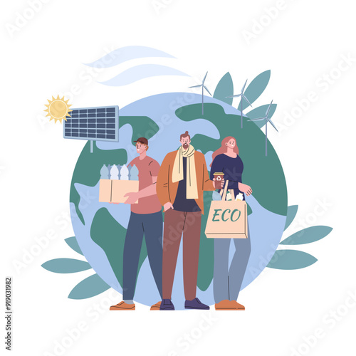 Eco friendly characters. Recycle and zero waste. Man with modern reusable cup, girl with fabric shopping bag. Save the planet, alternative energy vector scene