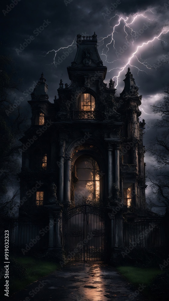 A very scary looking old mansion, a scary sight in the dark of night with lightning. A very scary looking old mansion, a scary sight in the dark of night with lightning.