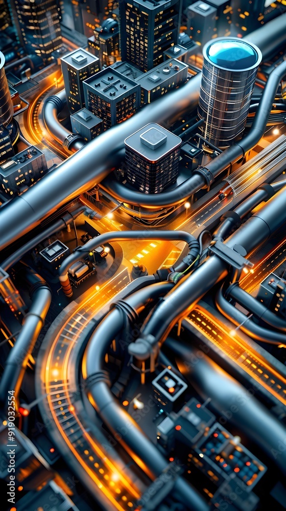 Futuristic Cityscape with Illuminated Pipes. Futuristic Cityscape with Illuminated Pipes.