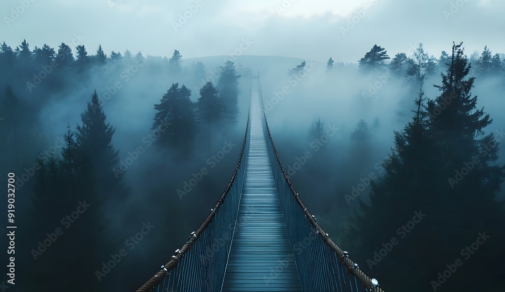 Obraz premium A long wooden bridge over the forest, surrounded by misty clouds and tall trees, symbolizing adventure and exploration. 