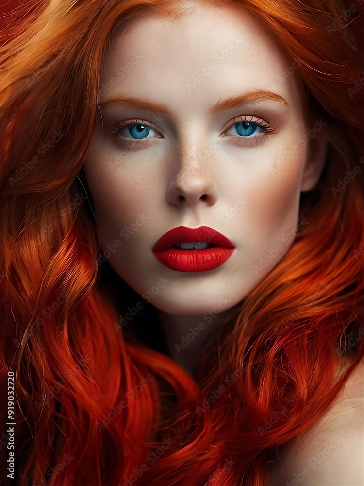 Fototapeta premium A stunning scandinavian beauty with fiery red hair and bold red lips, illuminated by vibrant contrasting lights.
