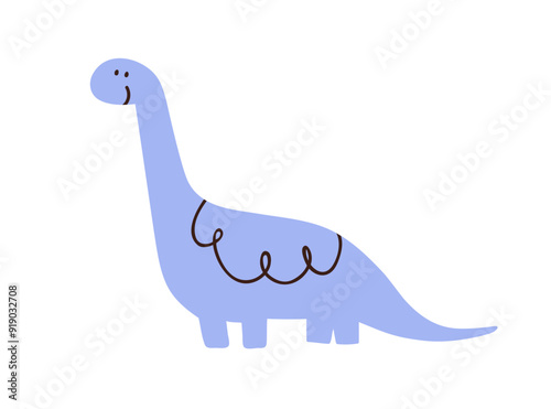 Cute funny dinosaur in kids doodle style. Happy smiling kawaii baby animal. A...