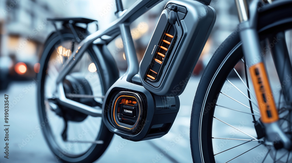 Close-up view of an electric bicycle with a focus on the battery and motor, set against an urban background. Close-up view of an electric bicycle with a focus on the battery and motor, set against an urban background.
