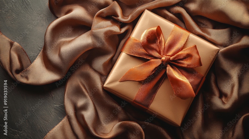A Brown Gift Box with a Shiny Bow on a Brown Fabric Background A Brown Gift Box with a Shiny Bow on a Brown Fabric Background