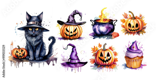 Explore Spooky Halloween Elements Featuring a Black Cat Alongside Festive Pumpkins Galore