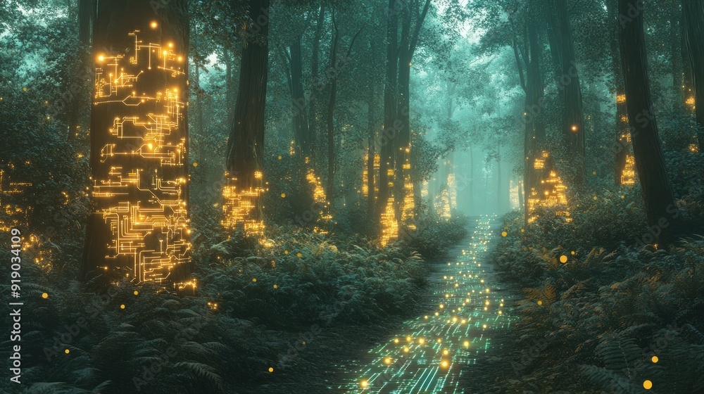Enchanted Forest Path with Digital Glow Enchanted Forest Path with Digital Glow