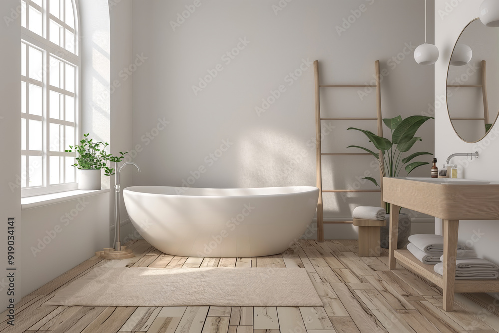 Fototapeta premium A tranquil bathroom features a stunning freestanding tub, wooden accents, and natural light, creating a relaxing atmosphere for comfort and calmness