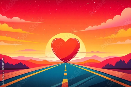 red heart in the middle of the road in the mountains. vector illustration