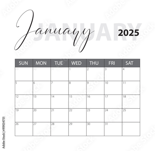 January 2025 Calendar. Vector calendar. Week starts sunday. Calendar template in minimal design