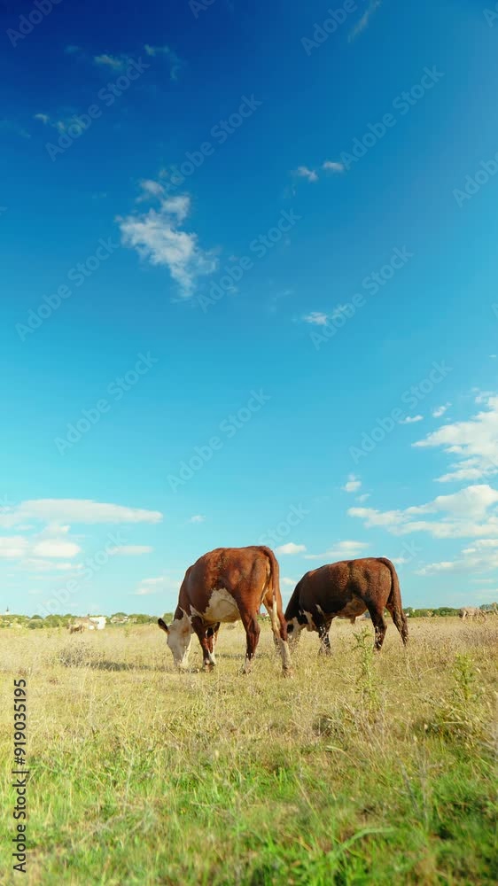 A peaceful rural scene with cows grazing in a green meadow under a blue sky A peaceful rural scene with cows grazing in a green meadow under a blue sky