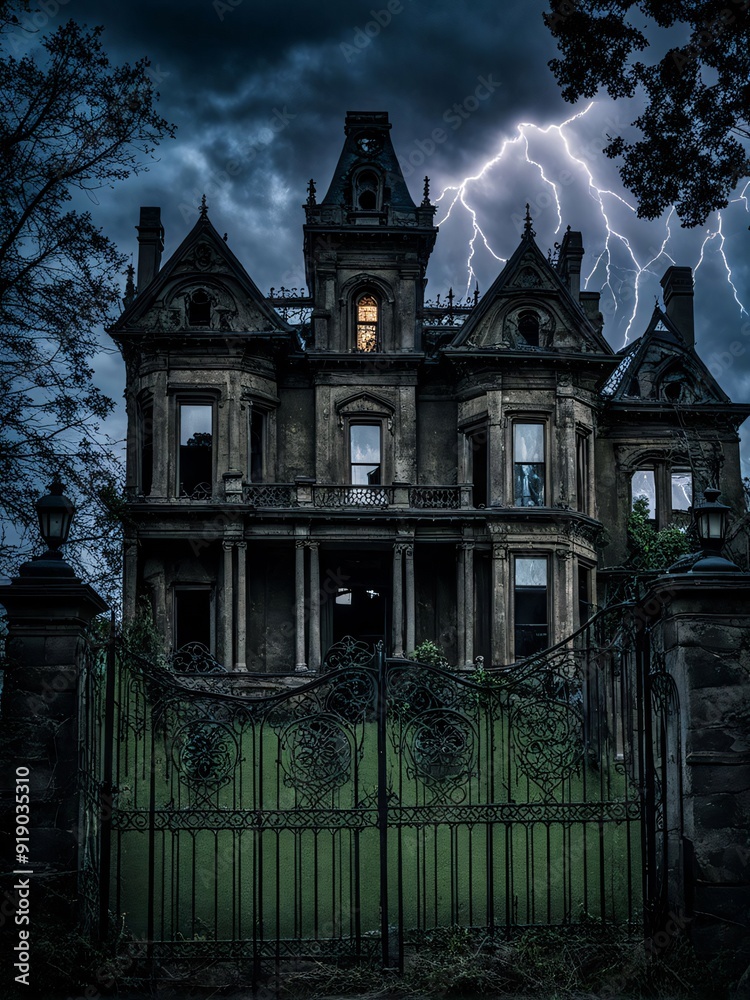 Obraz premium A very scary looking old mansion, a scary sight in the dark of night with lightning. 