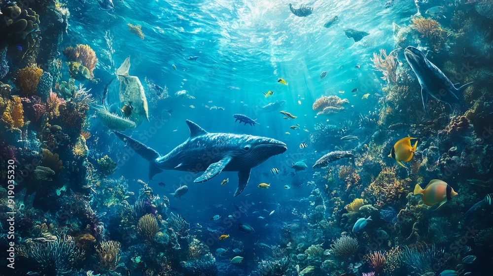 A large group of fish swimming in the ocean near a coral reef A large group of fish swimming in the ocean near a coral reef