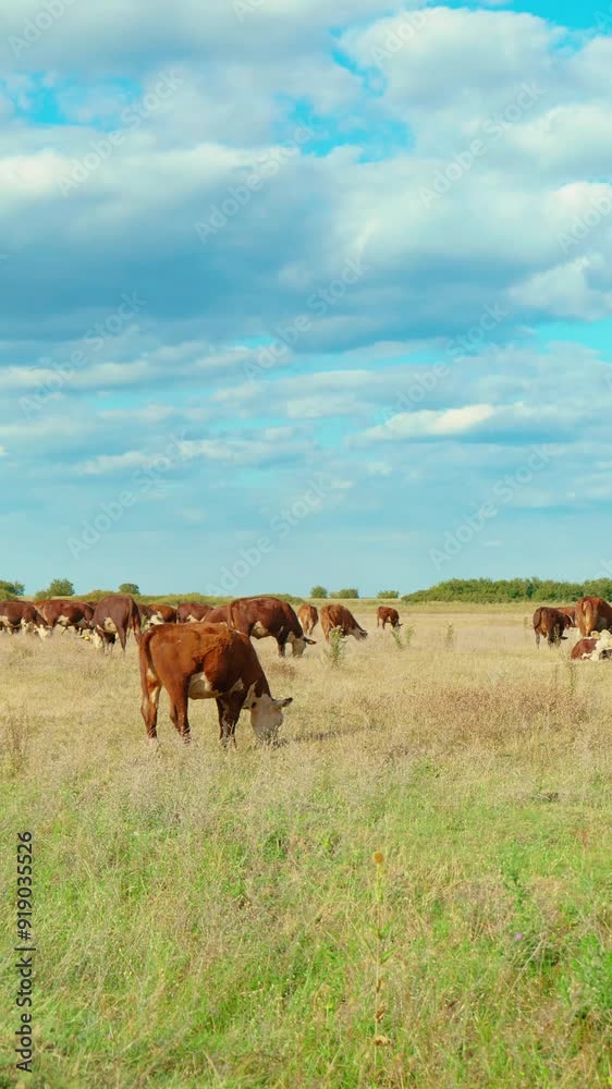 A peaceful rural scene with cows grazing in a green meadow under a blue sky