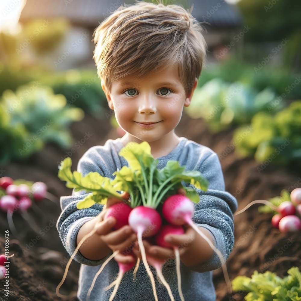 A Small kid holding radishes in vegetable garden, blur background A Small kid holding radishes in vegetable garden, blur background