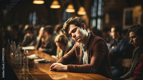 Education And Learning Concept. Portrait of tired and bored student sitting at desk