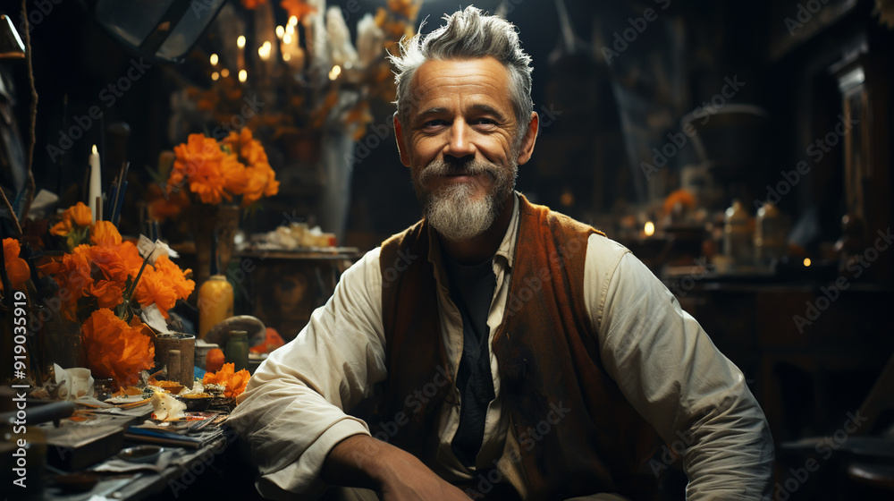 portrait of a mature artist paints a picture hobby and creativity portrait of a mature artist paints a picture hobby and creativity