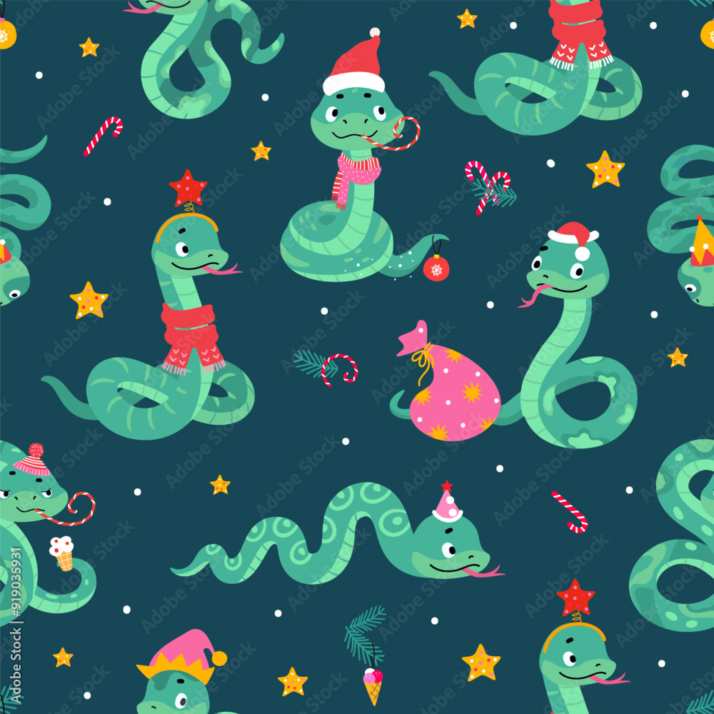 Obraz premium Cute snakes seamless pattern. Christmas new year snake, winter holiday printable template for fabric wrapping posters. Cartoon nowaday vector background