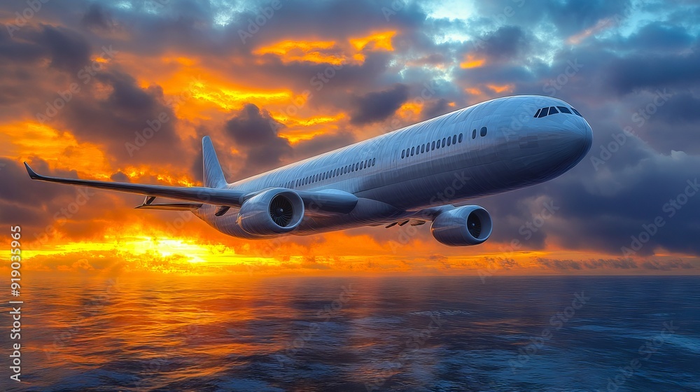 A large jetliner flying over the ocean at sunset