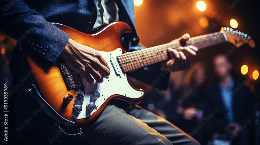 Obraz premium Guitarist on stage and sings at a concert for background, soft and blur concept