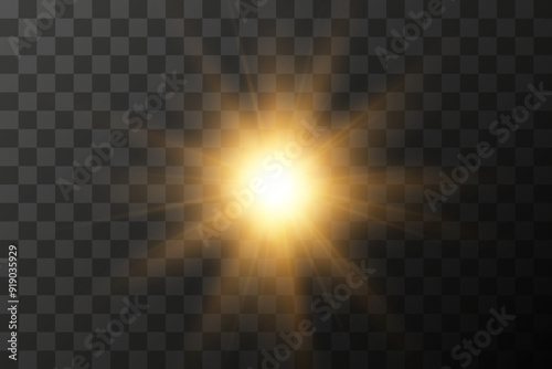 Yellow glowing light burst explosion with transparent. Vector illustration for cool effect decoration with ray sparkles. Bright star. Transparent shine gradient glitter, bright flare. Glare texture.