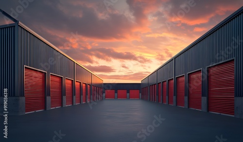 modern clean storage buildings with red doors and blue metal wall, sunset lighting, photo realistic