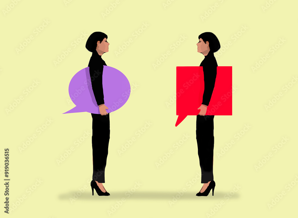 Businesswomen facing each other holding speech bubbles against yellow background Businesswomen facing each other holding speech bubbles against yellow background