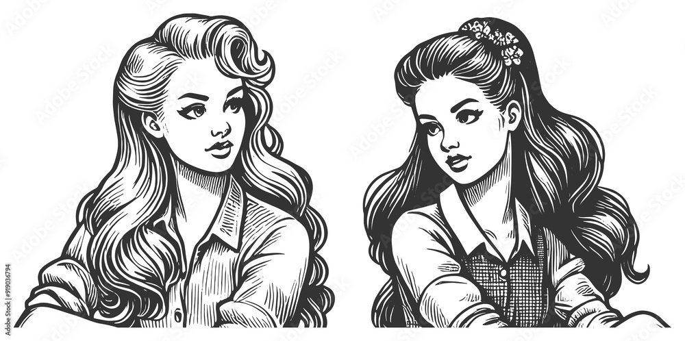 two women in conversation, expressive facial features and elegant hairstyles sketch engraving generative ai fictional character raster illustration. Scratch board imitation. Black and white image. two women in conversation, expressive facial features and elegant hairstyles sketch engraving generative ai fictional character raster illustration. Scratch board imitation. Black and white image.