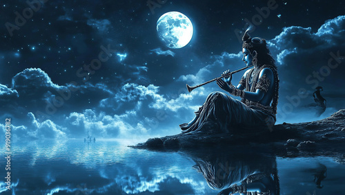 Scenic painting of Lord Krishna playing flute in moonlight